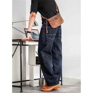 经典原色美式复古牛仔裤男秋冬季加绒加厚潮牌直筒裤宽松阔腿裤子