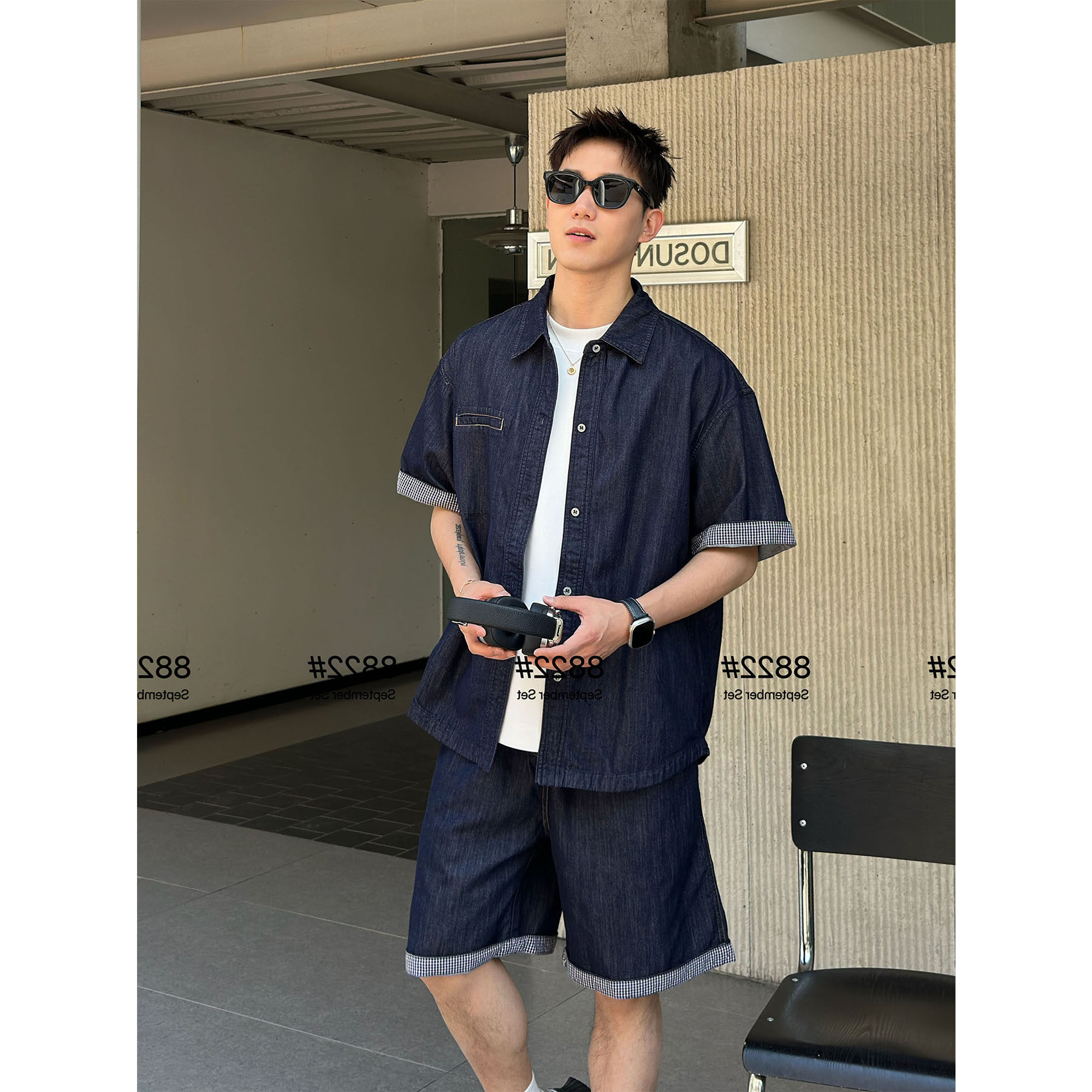 夏季新款原色牛仔短袖衬衫套装男日系复古宽松百搭短裤两件套潮流