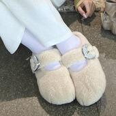 加绒保暖外穿一字扣毛鞋 羊羔毛女包头厚底毛绒拖鞋 穿靴子 猫
