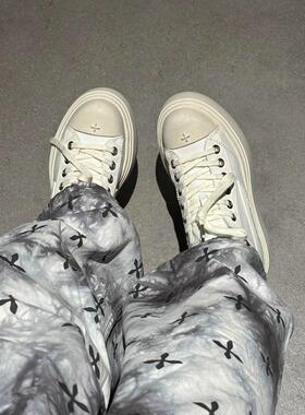 【穿靴子的猫】25春夏新款女厚底复古增高做旧脏脏鞋十字花帆布鞋