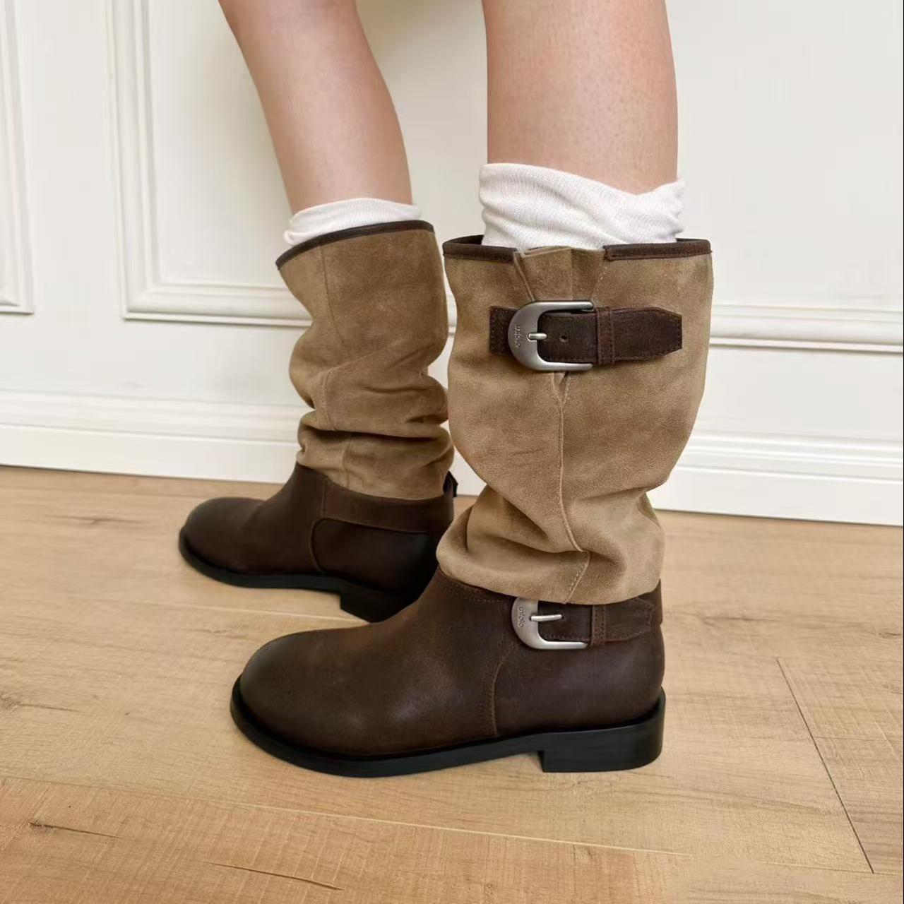 【穿靴子的猫】复古女做旧擦色皮带扣真皮中筒靴百搭堆堆靴骑士靴