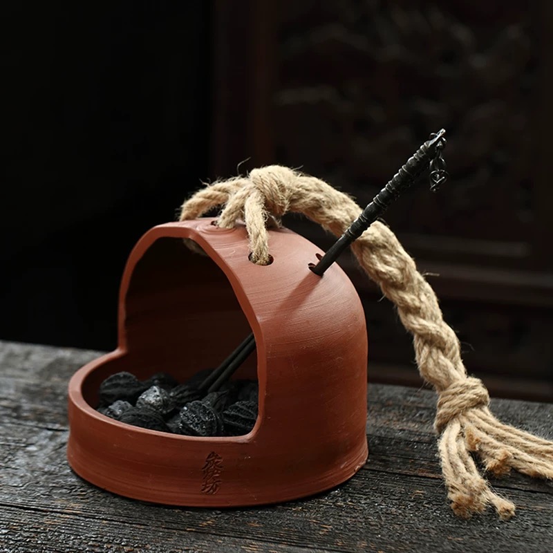 窑变手提炭篓炭篮炭炉龙眼炭橄榄核桃炭提梁炭钵装炭盆家用茶道配