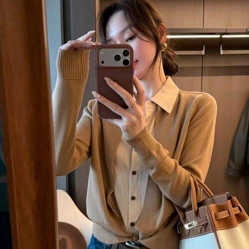 欧货2026秋季老钱风气质假两件针织开衫女翻领百搭显瘦长袖上衣