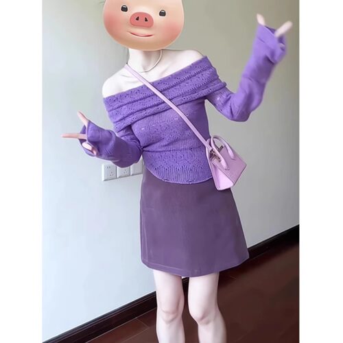 春夏穿搭时尚紫色内搭镂空一字肩针织上衣高腰显瘦半身裙套装