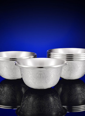 供水碗s990纯银手工刻花摆件