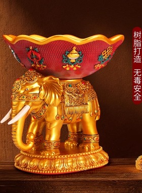 树脂八吉祥站立象宝钵浮雕花钵碗藏式用品果盘菩萨摆件红黄色碗盆