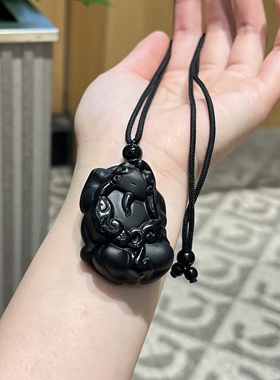 天然黑曜石貔貅吊坠男女款纯黑磨砂富贵招财项链情侣车载挂件