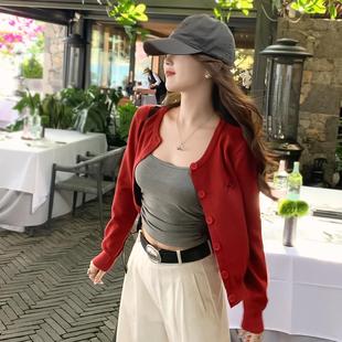 苏三三 红色针织开衫2024秋季新款外套女安可拉红毛衣蝴蝶结上衣