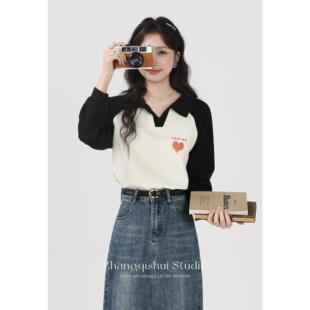 张汽水2024秋季新款黑色polo短款t恤卫衣女小众拼接撞色长袖上衣