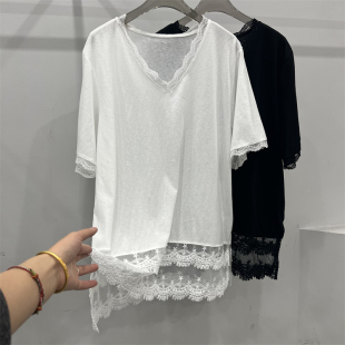 上衣 T恤女夏打底衫 欧货宽松时髦洋气大版 网纱蕾丝花边拼接V领短袖