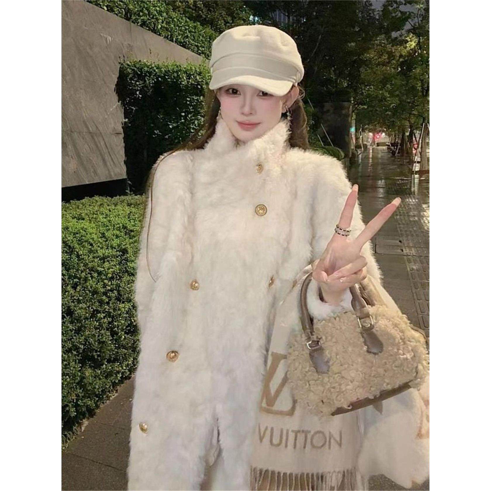 小湖羊毛毛大衣2025冬季加厚长款彷水貂绒皮毛一体环保皮草女外套