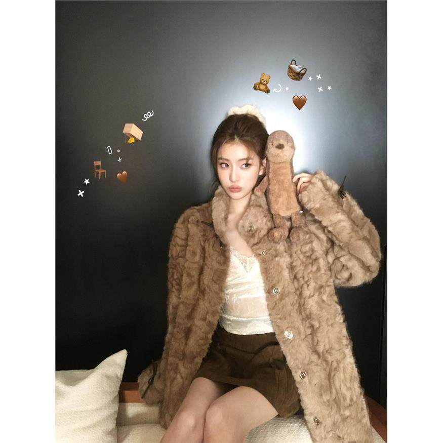 小熊心事立领染尖皮毛一体大衣女冬季慵懒休闲环保皮草外套中长款