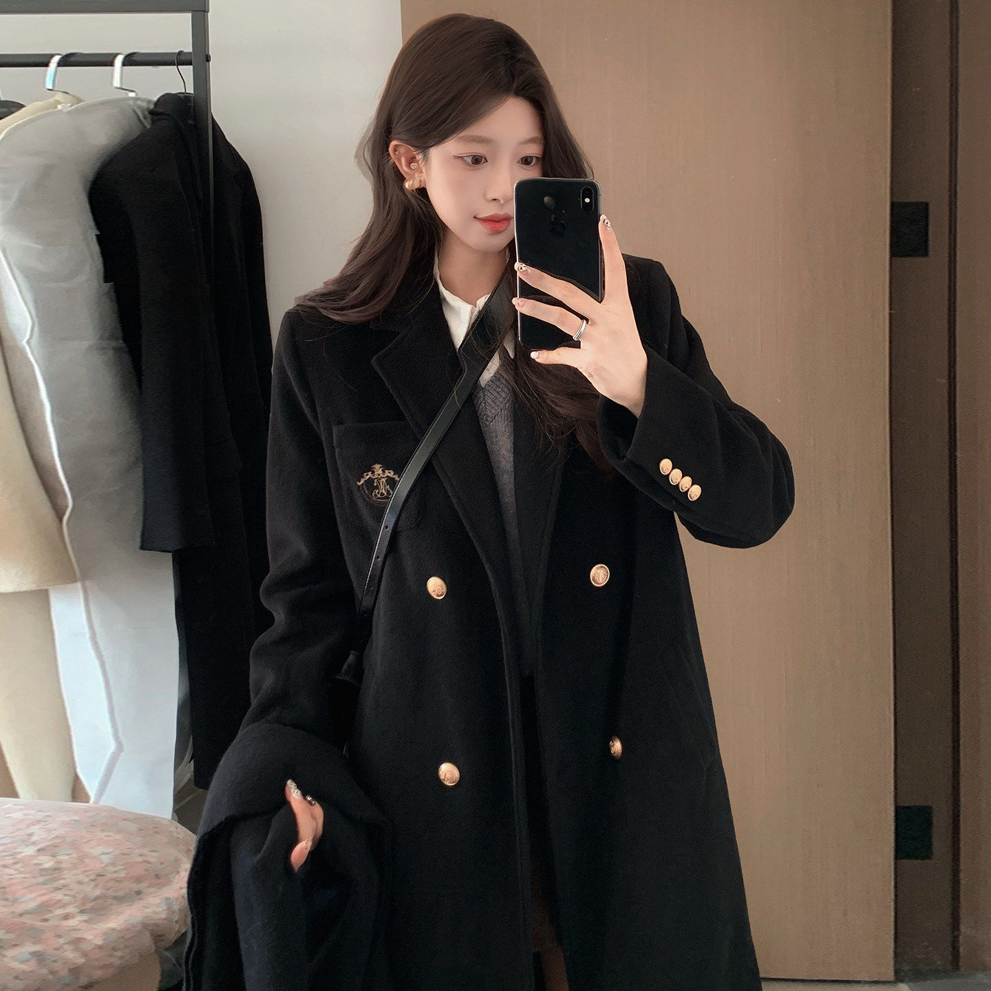 黑色毛呢外套女2025冬装新款学院风小个子呢子高级感加厚羊毛大衣