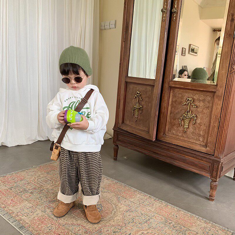 柔软自留~ 韩版儿童舒适格子休闲裤小松垮长裤儿童宽松直筒裤春秋