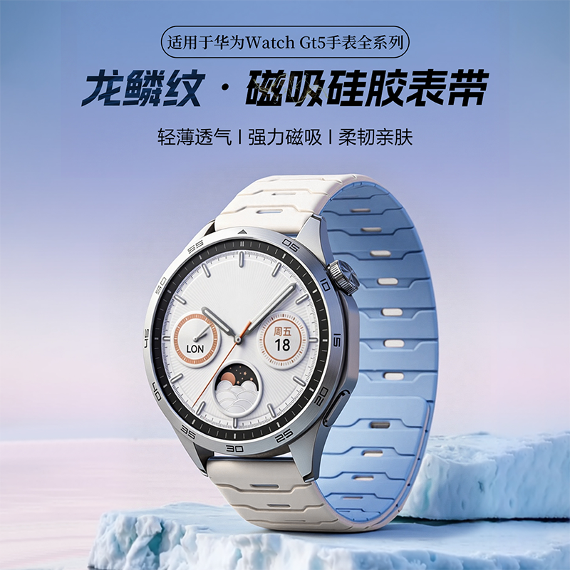 适用华为gt5龙鳞纹硅胶磁吸表带