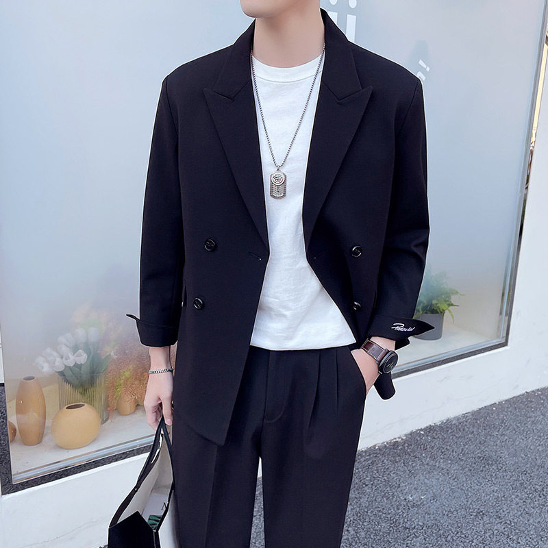 2025春季款男式西装两件套时尚袖口刺绣外套韩版休闲宽松西服套装