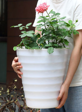 超大螺纹花盆加厚白色黑色仿瓷树脂花盆送托盘盆景植物大型塑料盆