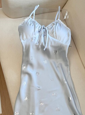 睡衣女款高级感轻奢风吊带冰丝睡裙带胸垫约会性感蝴蝶印花家居服