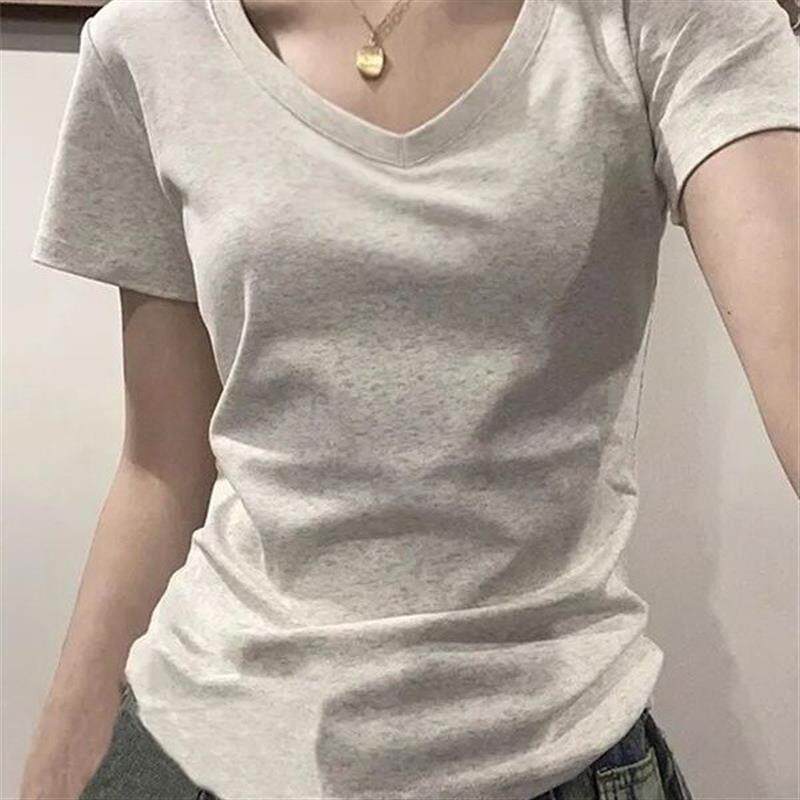 莫代尔短袖v领正肩t恤掐腰2026新款纯欲显瘦美式辣妹紧身女款上衣