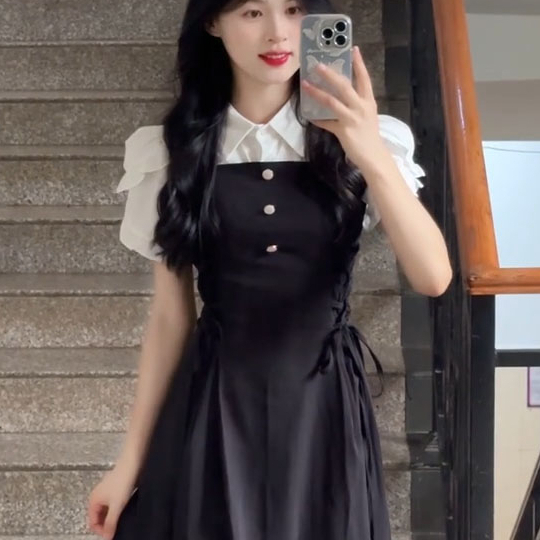 韩版学院风黑色收腰背带连衣裙女学生夏季+短袖百搭衬衫两件套装