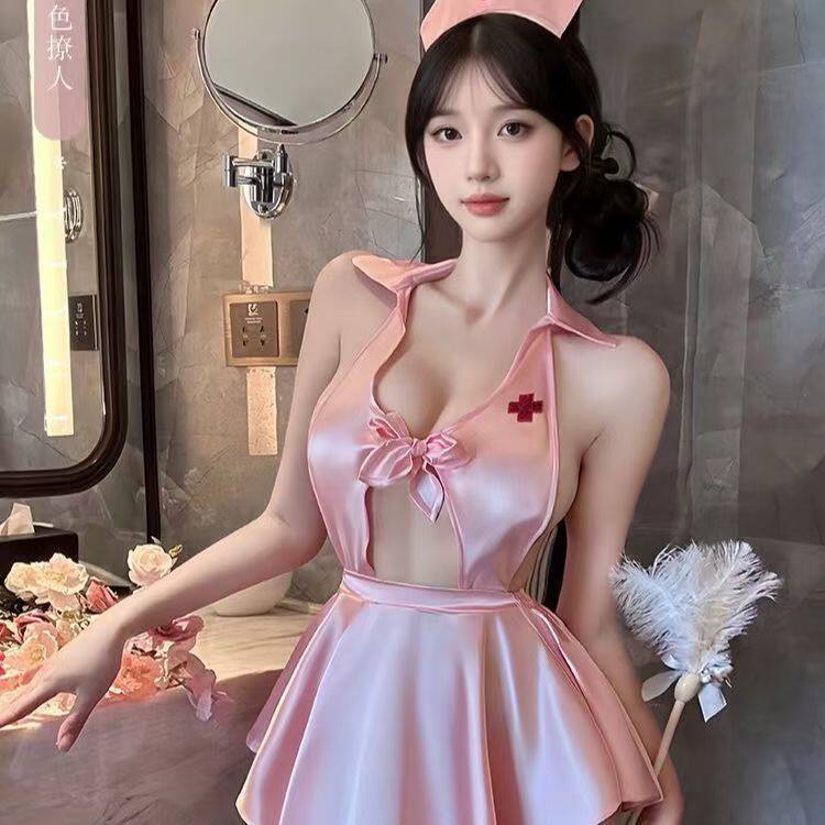 新款情大码缎面内衣性感护士角色扮演裸背夏款制服纯欲睡衣睡裙装