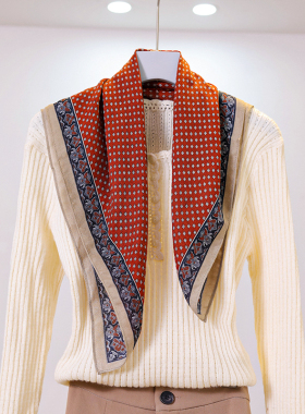 2025老钱风腰果花棉感橙色小方巾丝巾领巾衬衫披肩发带系腰带围巾