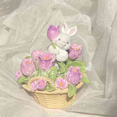 稀有郁金香花篮兔组合 香薰石膏白胚 (需自行上色,总高10cm左右