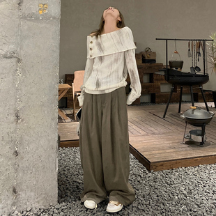 配色休閑闊腿 很高級 suki_邂逅咖啡 子女 褲 顯瘦高腰褲 西裝