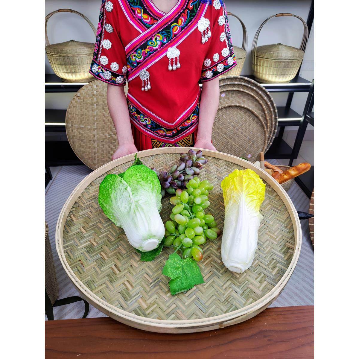 圆形竹匾家用手工编织簸箕平底无孔竹筛晒东西竹编制品头层竹皮