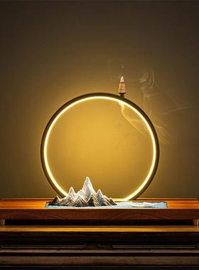 新中式禅意沙盘枯山水摆件创意茶室设计用品LED灯光博古架装饰品