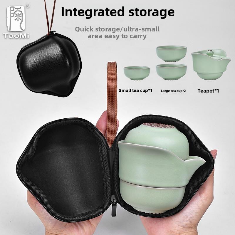 陶迷汝窑快客杯一壶三杯便携旅行陶瓷功夫茶具套装两茶杯家用茶壶