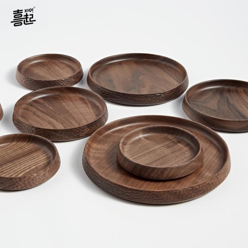 喜起黑胡桃木圆形手工实木盘子创意点心盘水果盘零食干果盘收纳
