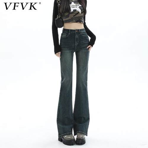 vfvk美式复古微喇牛仔裤女加绒秋冬高腰修身九分小个子裤子喇叭裤
