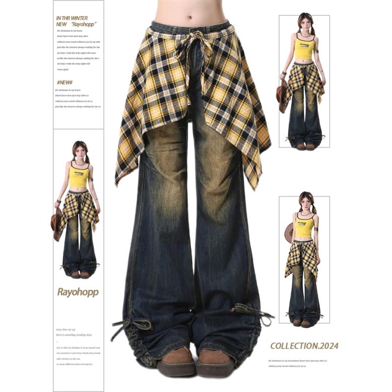 Rayohopp牛仔裤女春季美式褶皱做旧设计辣妹裙摆外搭休闲微喇长裤
