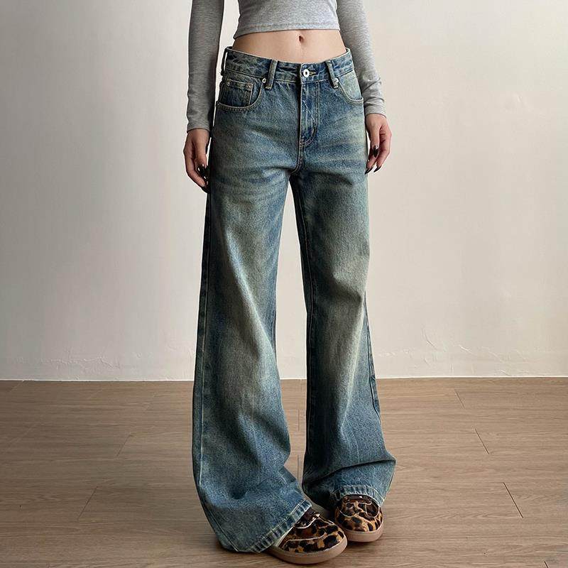 Apocket美式复古水洗做旧微喇叭牛仔裤女cleanfit高街百搭长裤子