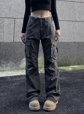 BAOER美式复古工装裤伞兵直筒褶皱多口袋vibe辣妹牛仔休闲裤子女