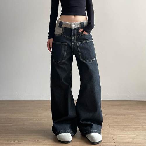 Apocket美式高街反穿拼接微喇叭牛仔裤女设计感宽松弧形弯刀裤子