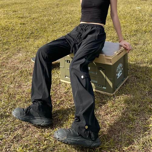 apocket美式复古街头冲锋裤ins潮牌拉链直筒微喇高街机能vibe裤子