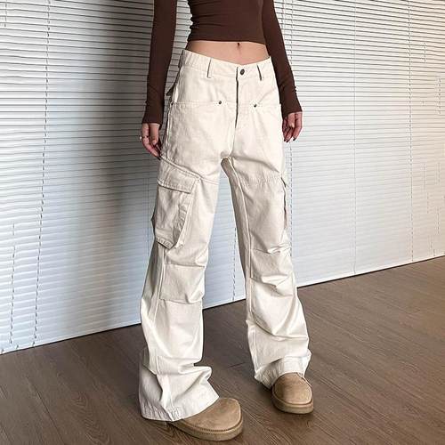 apocket美式复古米白色多口袋工装裤女新款街头宽松褶皱直筒裤子