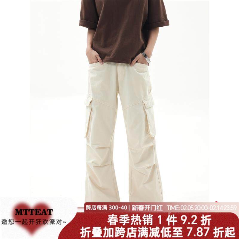 big eaters美式复古多口袋工装裤男女夏季阔腿褶皱直筒宽松伞兵裤