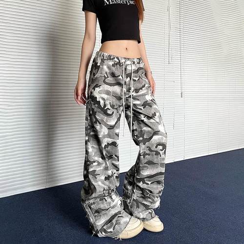 apocket美式复古迷彩伞兵裤子ins街头宽松设计感微喇叭工装长裤女