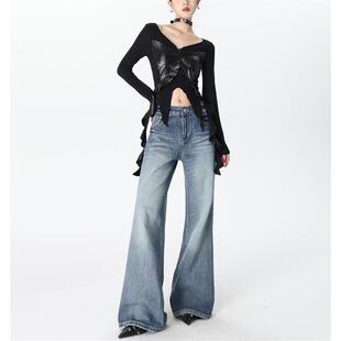 温姗美式重工艺水洗猫须低腰微喇裤女秋冬复古宽松显瘦百搭牛仔裤