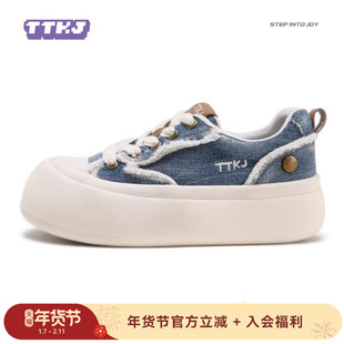 TTKJ牛仔帆布鞋女2026超火鞋子小狗鞋花休闲运动大头厚底蓝色板鞋