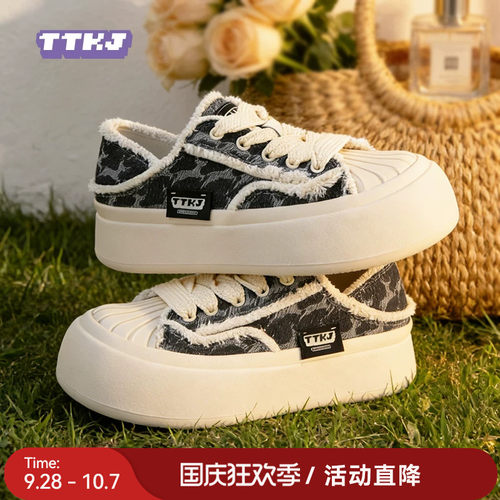 TTKJ秋季板鞋两穿鞋子女鞋2026新款可踩脚复古牛仔百搭厚底帆布鞋