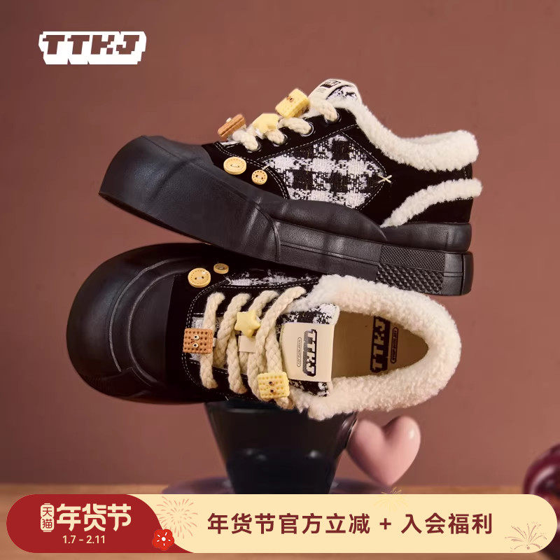 TTKJ毛毛板鞋女冬季新款小香风黑白格大头保暖棉鞋厚底毛绒雪地靴,女鞋,休闲板鞋,淘宝优惠券,粉丝福利购,淘宝优惠卷
