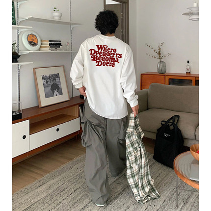 美式复古设计感字母印花重磅纯棉长袖t恤男ins潮牌小众宽松打底衫