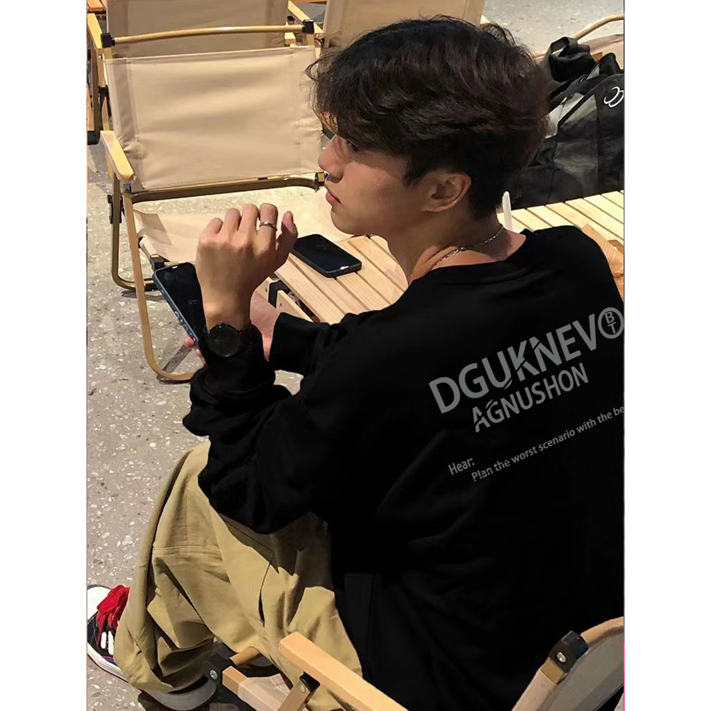 国潮牌字母印花重磅长袖打底衫男