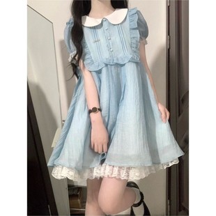 娃娃领短款 蕾丝花边小个子甜美仙女裙 蓝色公主连衣裙女夏季 泡泡袖
