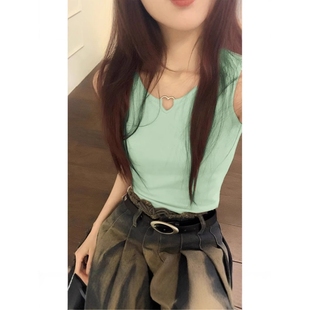 无袖 美式 短款 复古内搭粉色吊带背心女夏季 t恤上衣 bm辣妹外穿修身