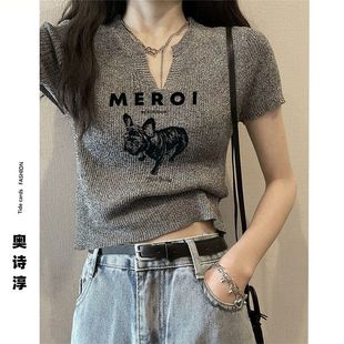 短款 新款 设计感小众辣妹修身 上衣 针织小衫 T恤女装 v领正肩短袖 夏季